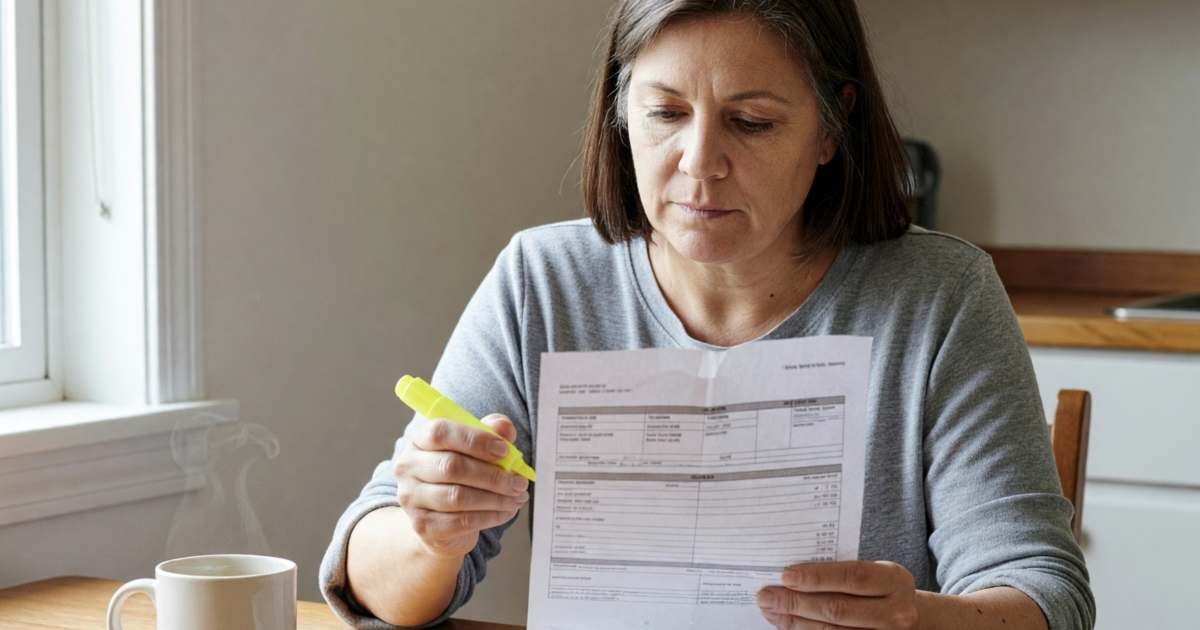A woman at her kitchen table going through a printed credit card statement with a highlighter, illustrating finding hidden recurring charges on bank statements.