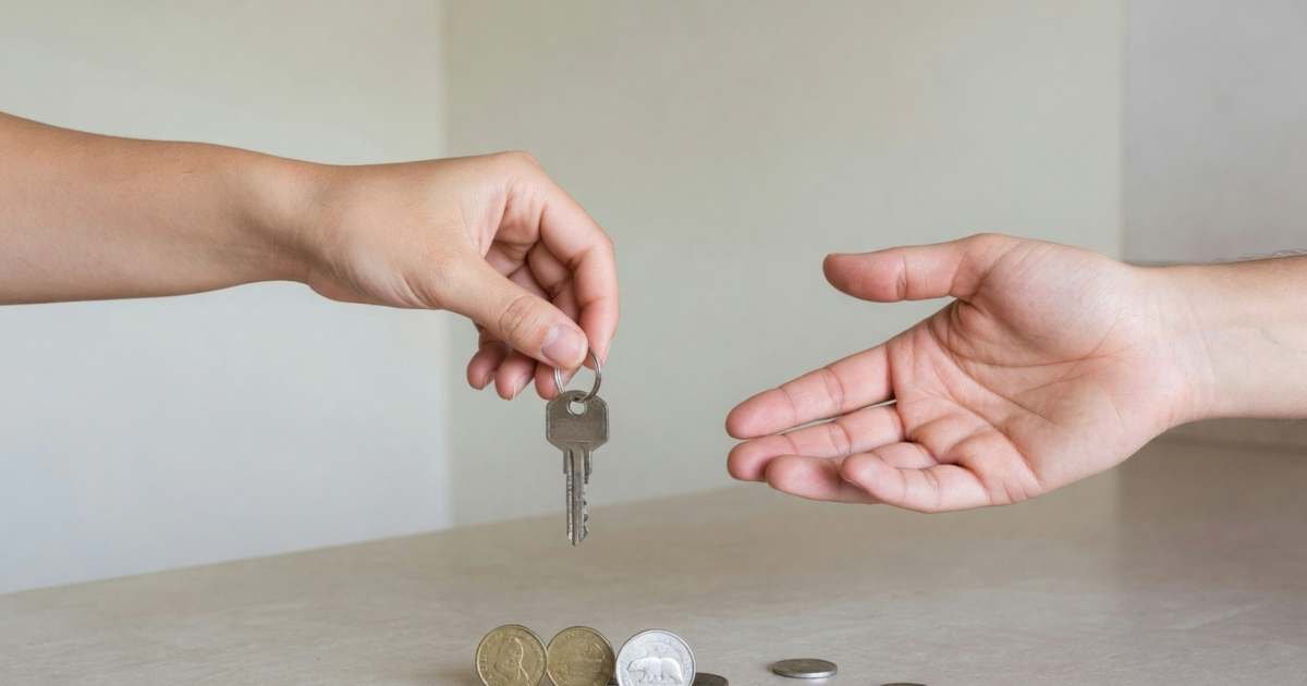 A hand passing a single set of apartment keys across a kitchen counter to another hand, illustrating first and last month's rent rules in Canadian provinces.