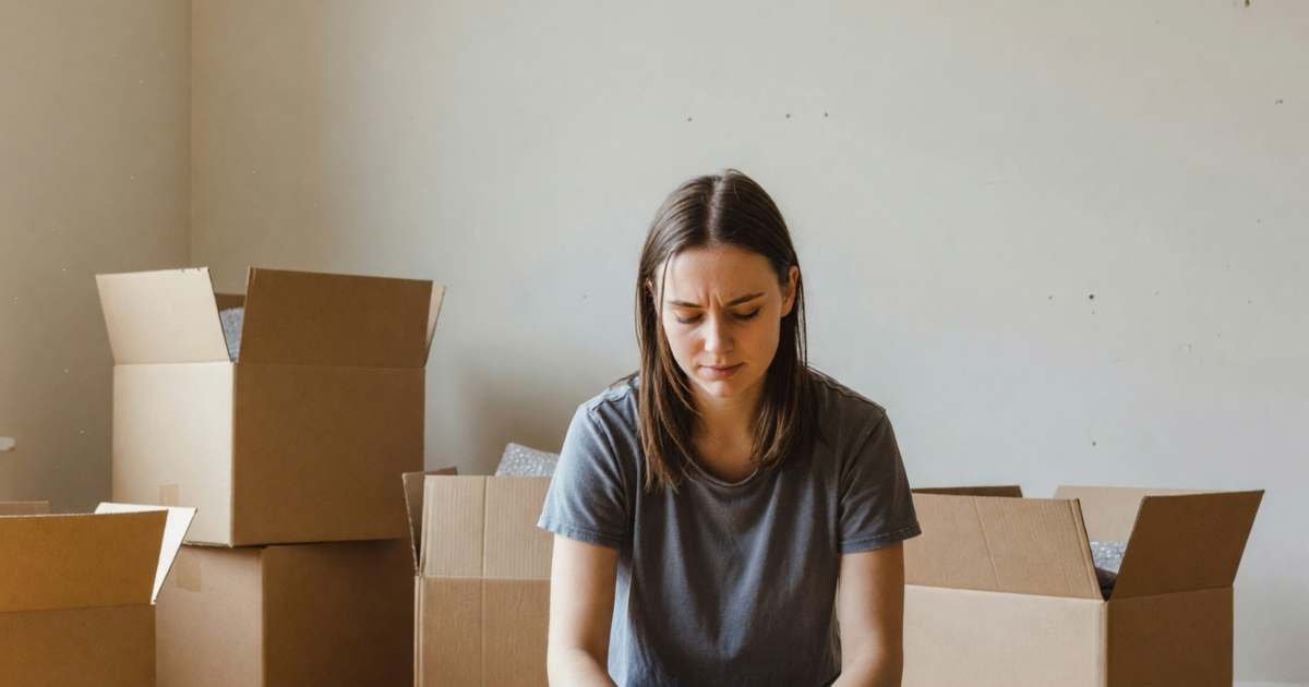 A young woman sitting on the floor of her new empty apartment plugging in a modem, illustrating first-week internet setup in Toronto, Vancouver or Montréal.