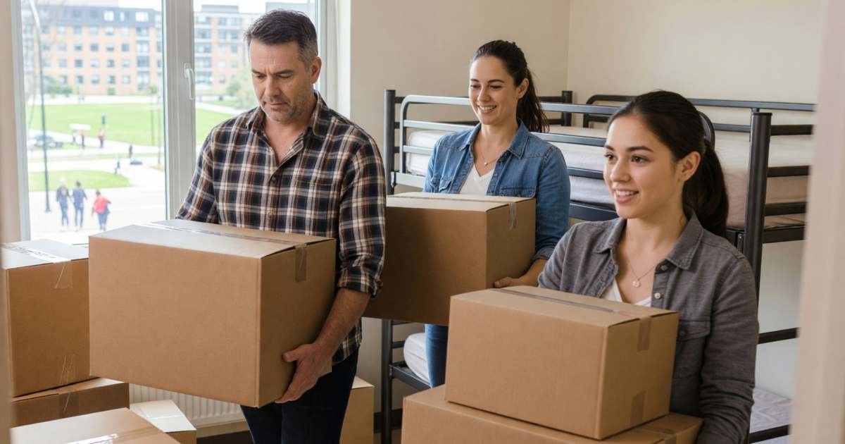 Parents helping their daughter carry boxes into a university residence room, illustrating first-year university costs in Canada.