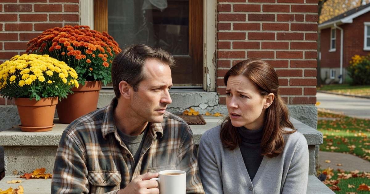 A couple in their thirties sitting on their front steps talking seriously, the man holding a mug, illustrating choosing a fixed or variable mortgage in Canada.
