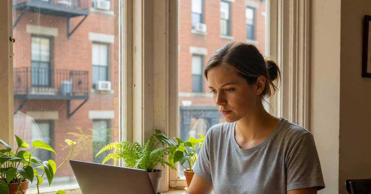 A young woman working on her laptop at a café-style counter in her Montréal apartment, illustrating Fizz versus Videotron home internet in Québec.