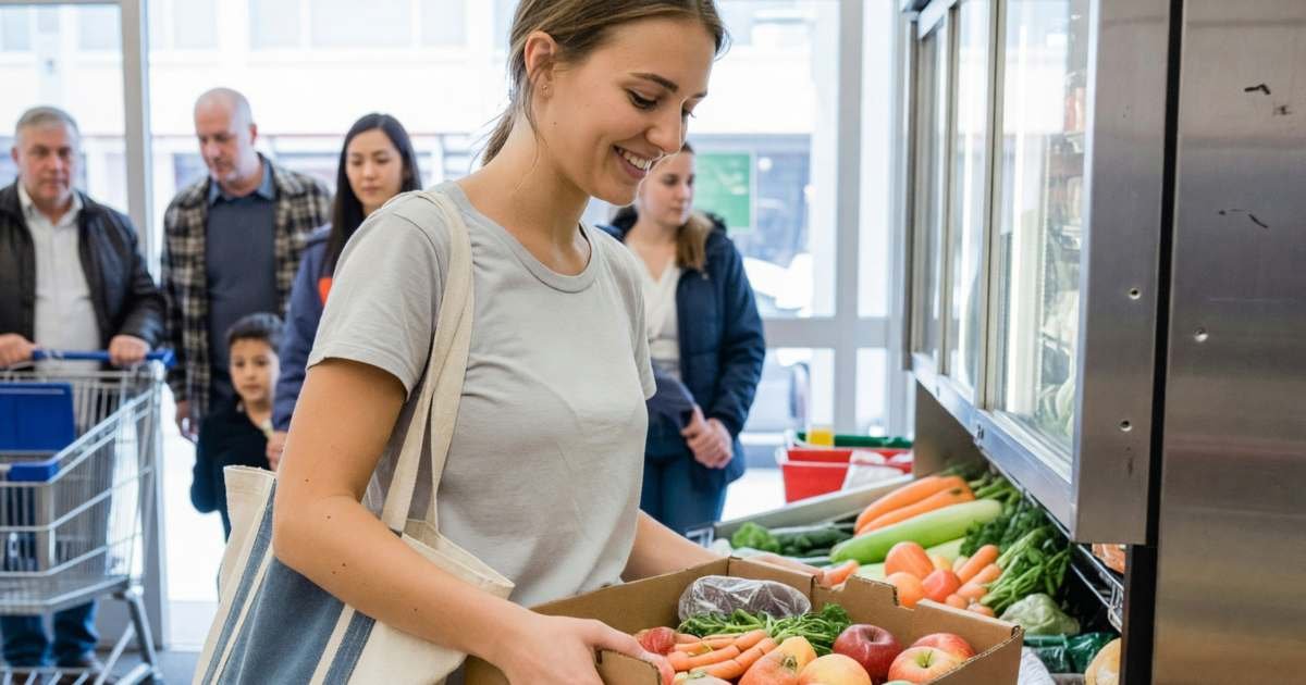A young woman picking up a discounted box of mixed fruit and vegetables from a pickup fridge near a grocery store entrance, illustrating using Flashfood in Canada.