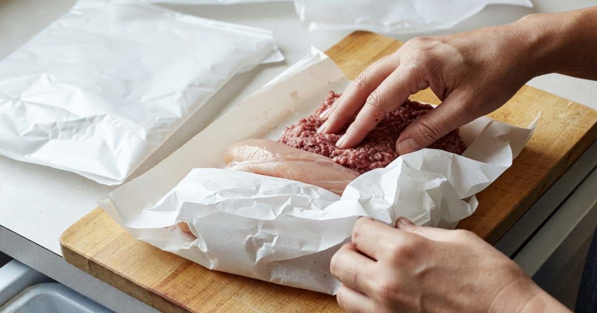 Close-up of hands wrapping portions of fresh chicken breasts and ground beef in freezer paper on a cutting board, illustrating buying discounted meat on Flashfood and freezing it safely.
