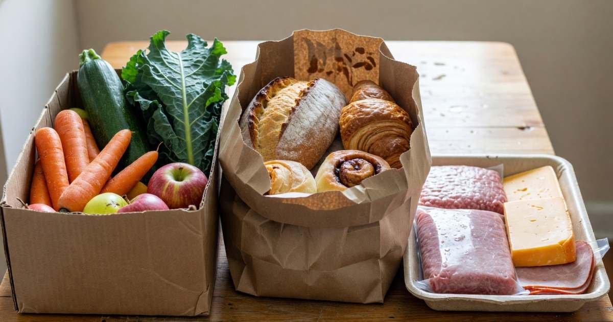 Three different surplus food hauls side by side on a kitchen table: a box of mixed produce, a paper bag of bakery bread and pastries, and a tray of discounted meat and cheese, illustrating Flashfood vs Too Good To Go vs FoodHero in Canada.