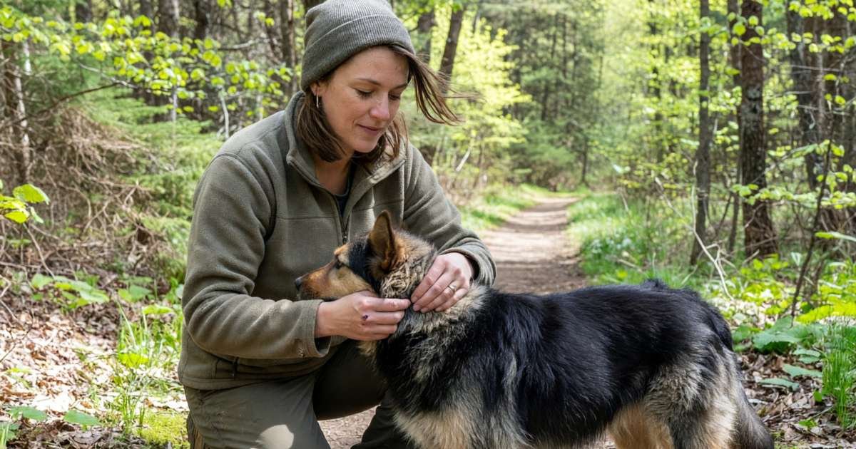 A woman checking her dog's fur for ticks after a hike, parting the coat with her fingers, illustrating flea, tick and heartworm prevention costs in Canada.