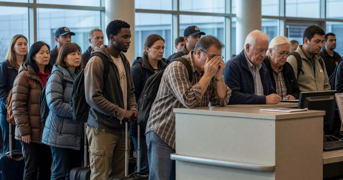 A group of passengers lined up at an airline service counter after a cancellation, one man rubbing his eyes, illustrating flight cancellations, refunds, rebooking and vouchers.