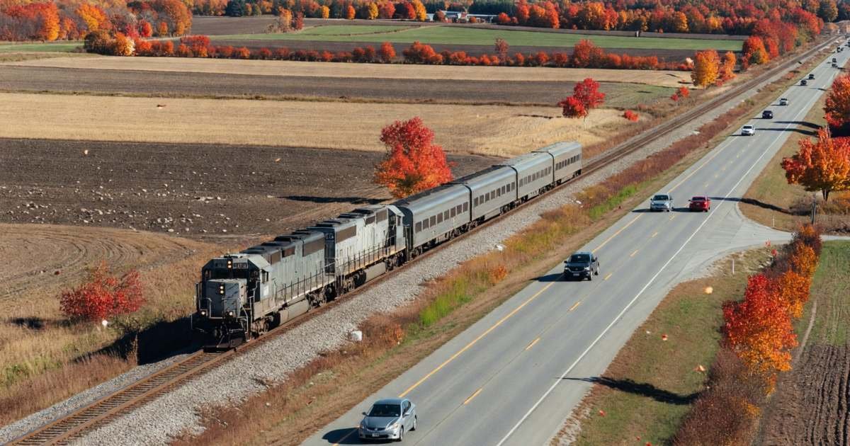 A passenger train crossing a rural landscape alongside a highway with a few cars, illustrating flight versus train versus driving for short Canadian trips.
