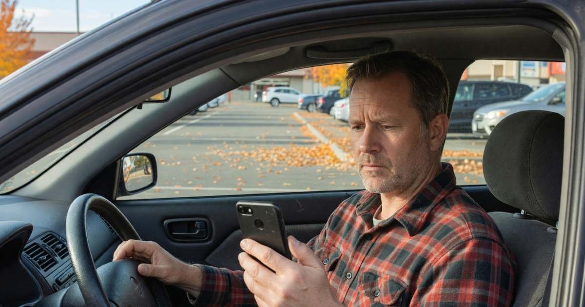 A man in a parked car scrolling his phone before going into a grocery store, his shopping bags on the passenger seat, illustrating using the Flipp app for Canadian groceries.