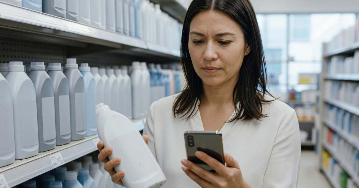 A woman in a household-goods store aisle holding her phone with the screen facing away from the camera while checking a plain bottle of dish soap in her other hand, illustrating using Flipp for household flyers without impulse buys.