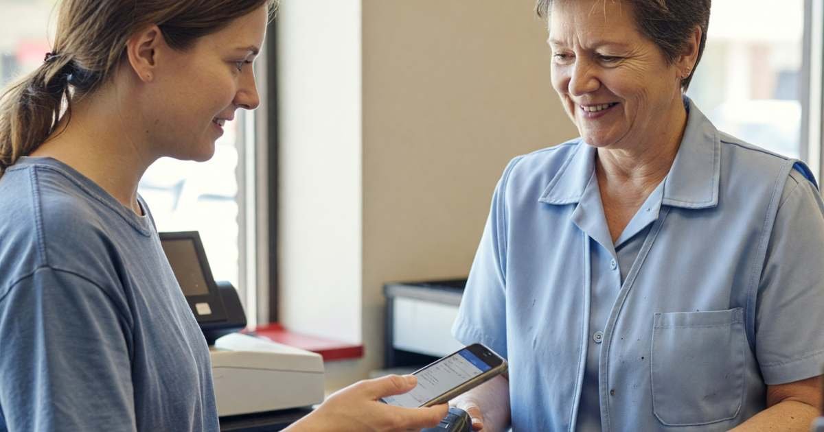 A woman at a checkout showing her phone to a friendly cashier who is scanning a bunch of grapes, illustrating a Flipp price-matching system to cut the grocery bill.