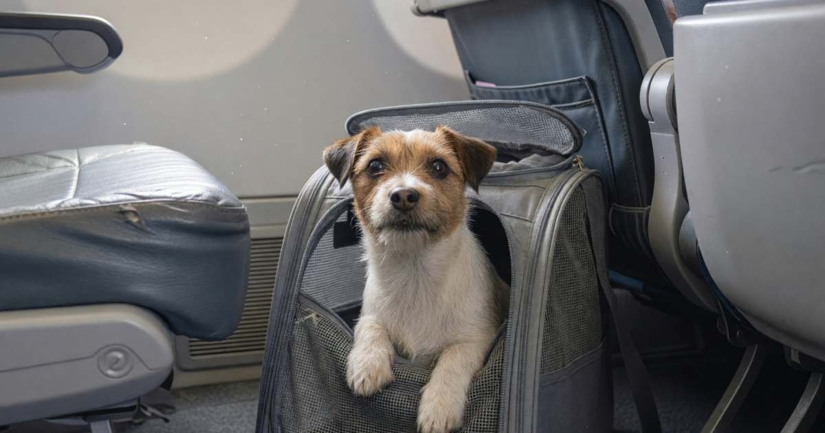 A small dog peeking out of an airline-approved soft carrier under an airplane seat, illustrating flying with a pet in Canada.
