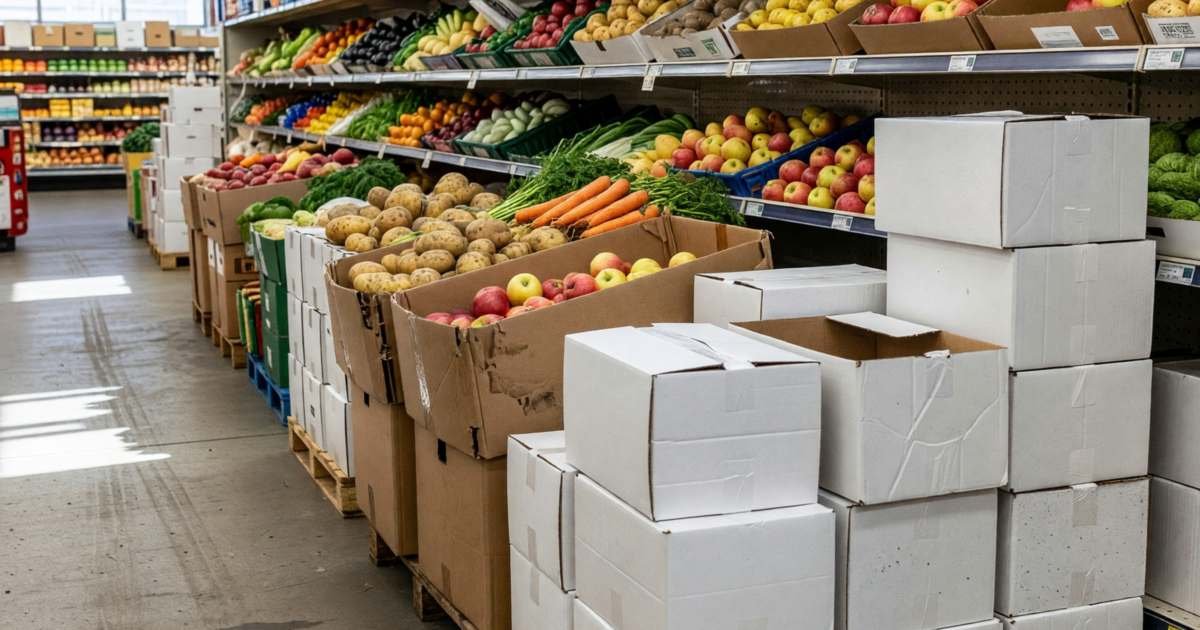 A no-frills discount grocery aisle with produce in cardboard bins and plain white boxes stacked on pallets, illustrating Food Basics vs No Frills in Ontario.