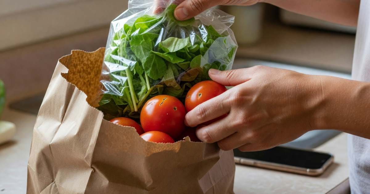 Close-up of hands lifting a discounted bag of salad greens and a few tomatoes out of a paper grocery bag on a counter, illustrating using FoodHero as a Sobeys-family shopper.