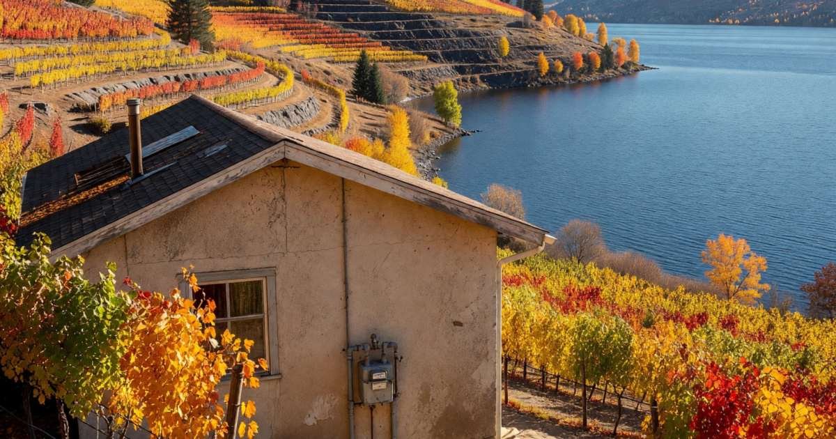 A house on a hillside overlooking a lake with a gas meter on the side wall, illustrating the FortisBC equal payment plan.