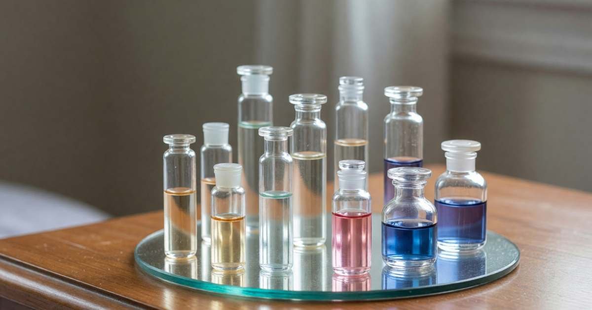 Small glass fragrance decant vials and a few mini perfume bottles on a mirrored tray, illustrating fragrance for less with decants, minis and dupes.