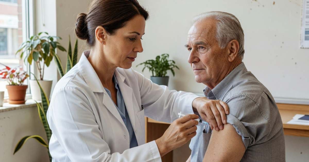A pharmacist giving a vaccine in the upper arm of a man in his seventies, illustrating free adult vaccines in Canada.