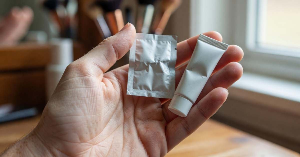 A hand holding a tiny sample sachet and a mini skincare tube over a vanity, illustrating free beauty samples and scams to avoid.