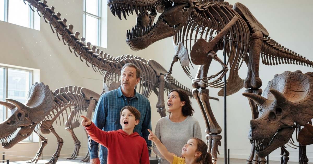 A family exploring a free museum gallery with dinosaur skeletons, illustrating free and cheap family outings in Canada.