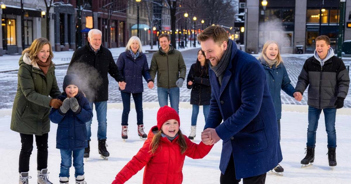 Families skating on a free outdoor public rink in a city square, illustrating free holiday entertainment in Canada.