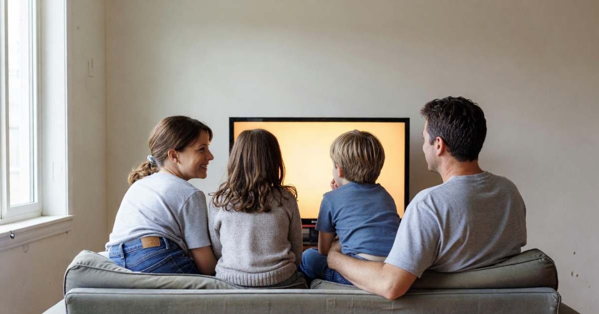 A family watching a show together on a sofa from behind, the screen glowing softly, illustrating free, legal streaming in Canada.