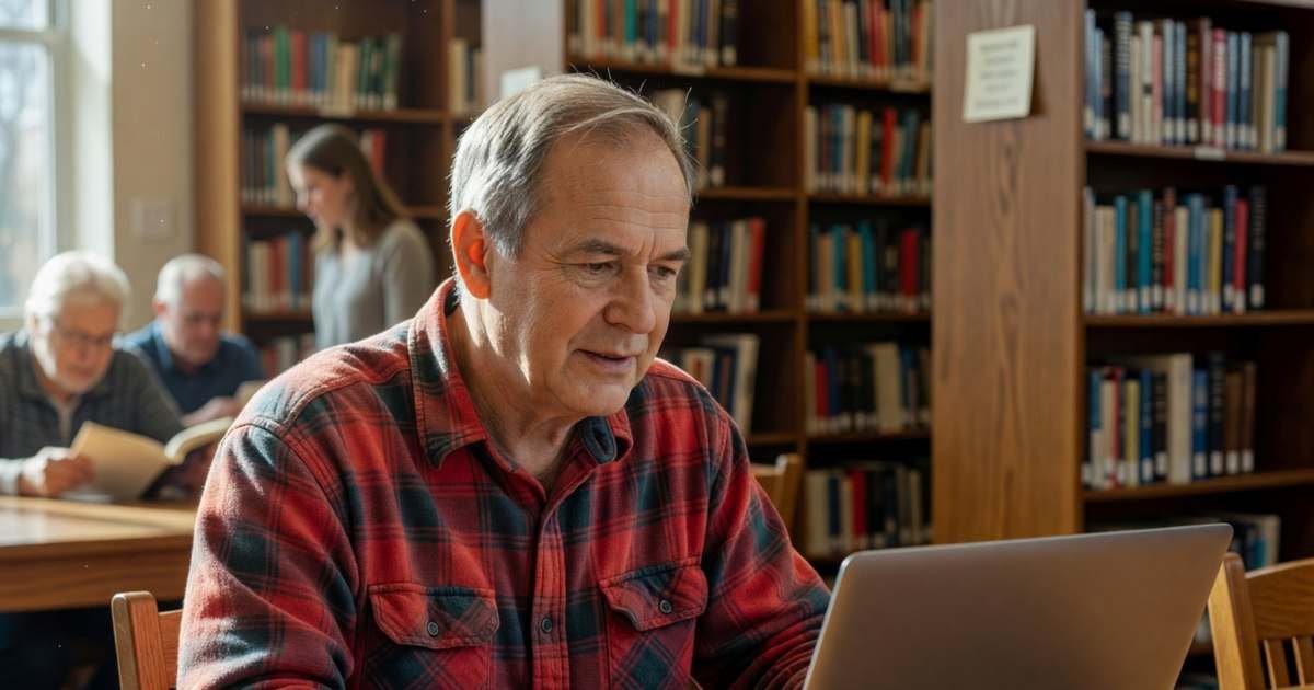 A retired man taking an online course on a laptop at a public library table, illustrating free online courses through your library.
