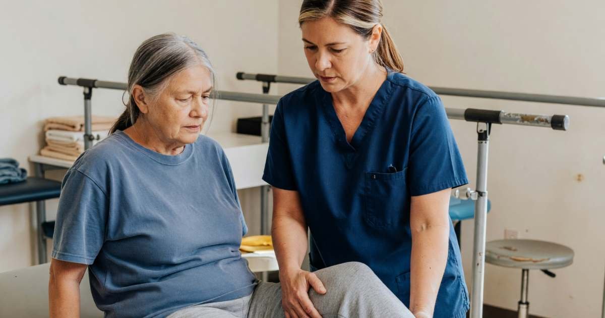 A physiotherapist helping an older woman with a leg exercise on a treatment table, illustrating free OHIP-funded physiotherapy in Ontario.