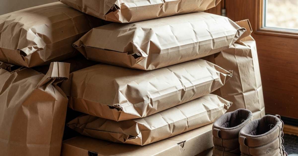 A pile of plain mailer bags and a shoebox by the front door ready to be returned, illustrating free shipping thresholds and return fees on clothing orders.