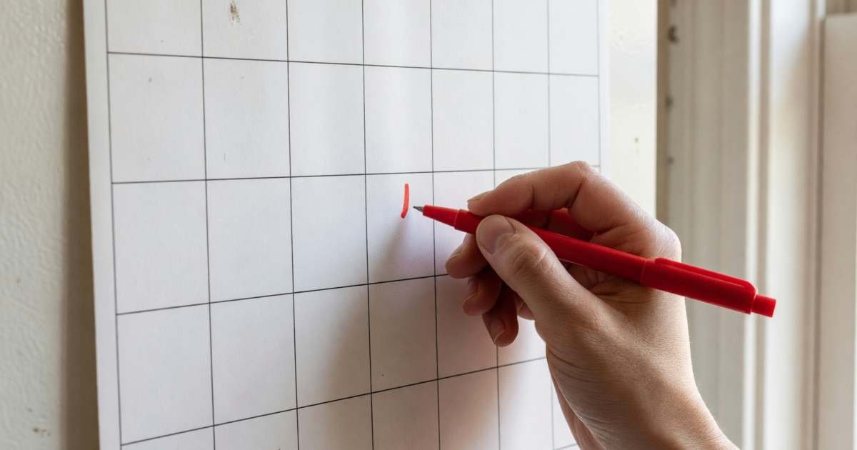 A hand marking a date on a plain paper wall calendar with a red pen, illustrating free trials that are not free and how to cancel them.