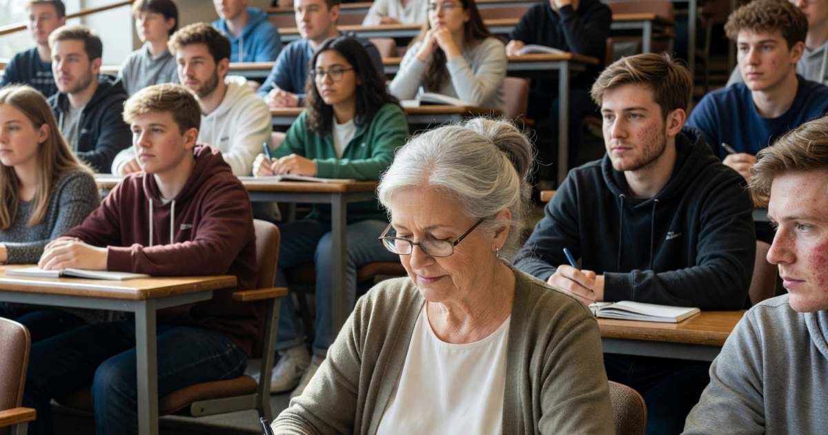 A woman in her seventies sitting in a university lecture hall among younger students, taking notes, illustrating free or reduced tuition for seniors.