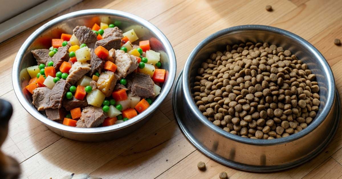 A dog bowl of fresh food with chunks of meat and vegetables beside a bowl of kibble on a kitchen floor, illustrating fresh and raw dog food subscriptions versus kibble.