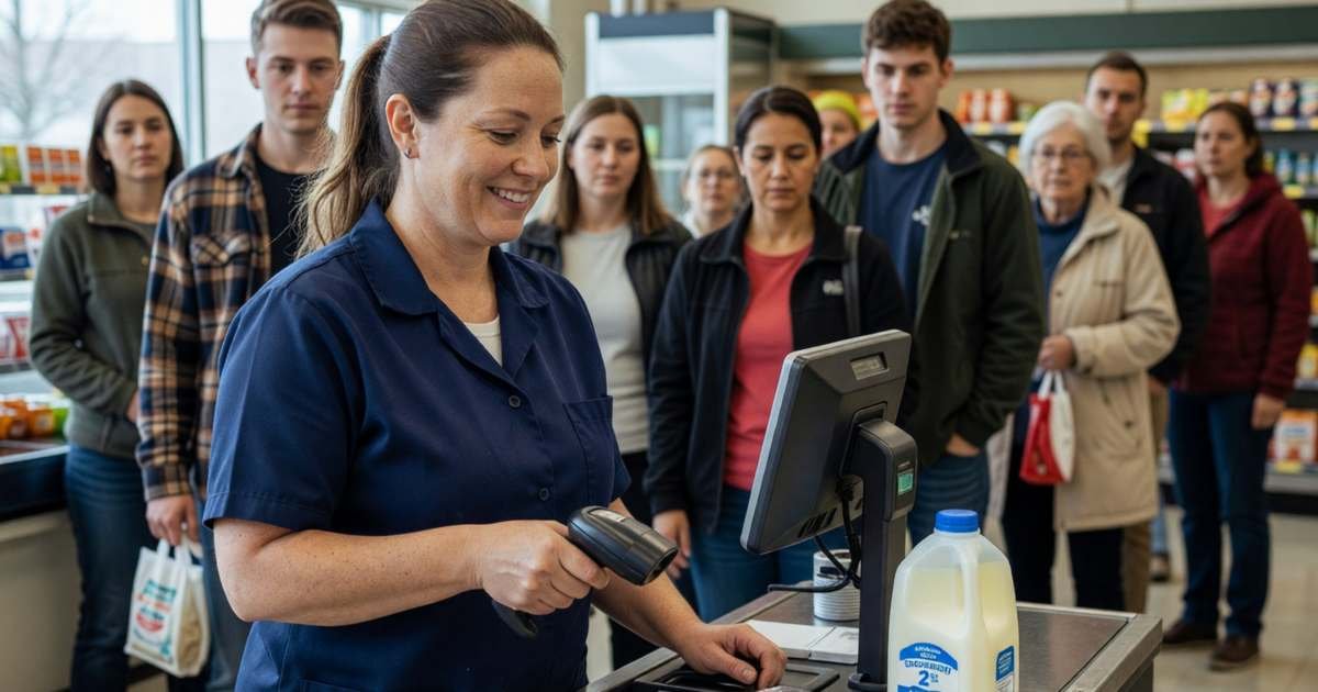 A cashier smiling as she rings up a customer's groceries at a busy discount supermarket checkout, illustrating the FreshCo lowest price guarantee.