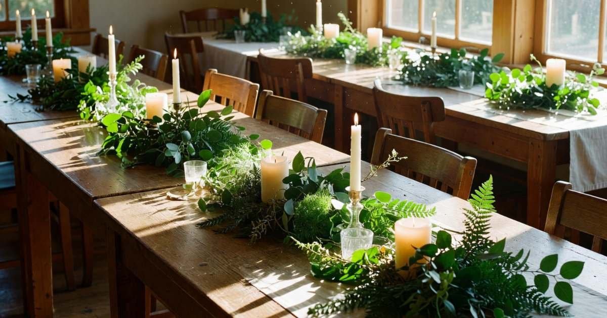 A cosy restaurant set up for a small Sunday wedding reception, long tables with candles and greenery, illustrating Friday and Sunday weddings and how much you save.