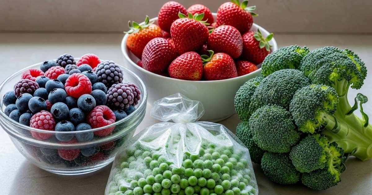 A bowl of frozen mixed berries and a bag of frozen peas beside a bowl of fresh strawberries and a head of broccoli on a counter, illustrating frozen vs fresh produce in Canada.