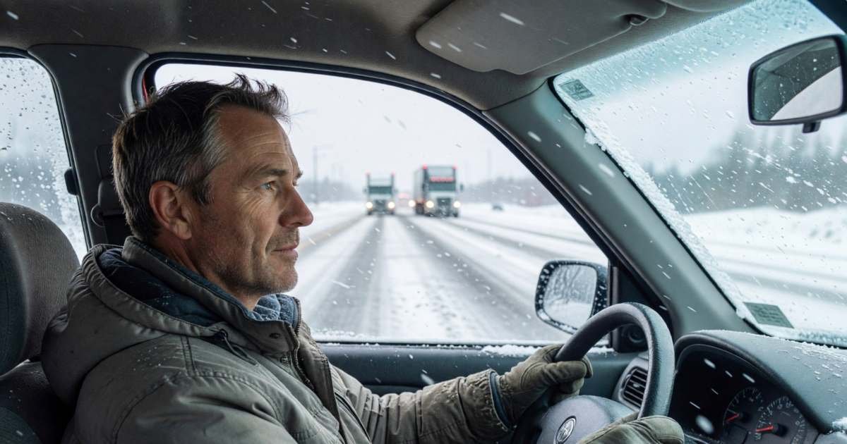 A man driving on a snowy highway at a steady speed with both hands on the wheel, illustrating fuel-efficient driving habits in Canadian conditions.