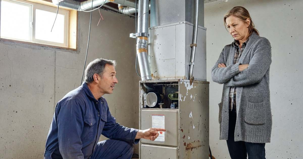 An HVAC technician kneeling beside an older gas furnace in a basement, explaining its condition to a homeowner, illustrating when to replace a gas furnace in Canada.