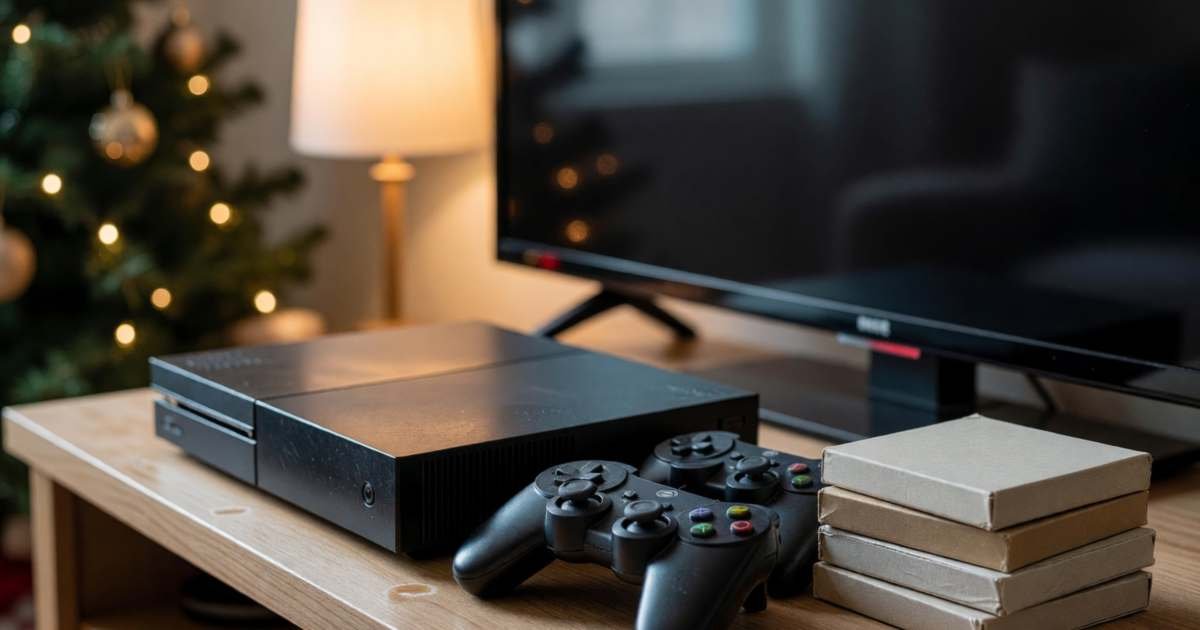 A plain black home gaming console and two controllers on a TV stand next to a small stack of game cases with blank covers, illustrating buying a gaming console in Canada: new, used or holiday bundle.