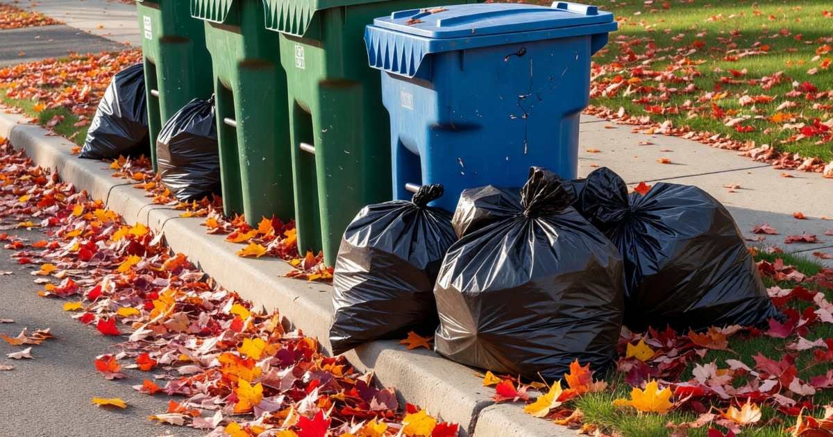 Green bins, a blue recycling box and black garbage bags at the curb in front of a house, illustrating cutting the cost of garbage bags and compost liners.