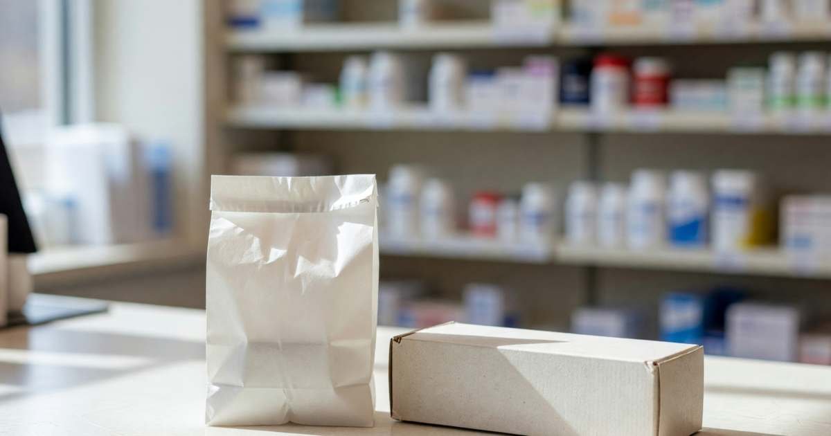 A pharmacy counter with a small white prescription bag and a plain injector pen box waiting for pickup, illustrating generic semaglutide in Canada in 2026.