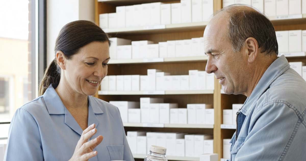 A pharmacist behind a pharmacy counter explaining two plain medicine bottles to a middle-aged customer, illustrating generic vs brand-name drugs in Canada.