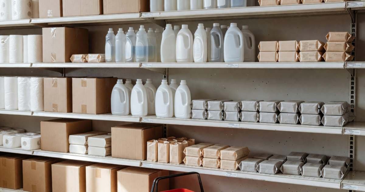 A small-town discount store aisle with household basics on shelves, illustrating Giant Tiger versus Walmart for household basics.