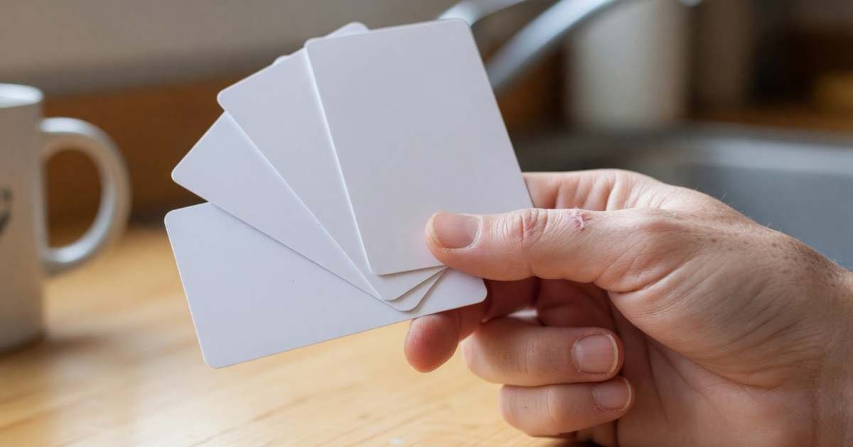 A hand holding a few blank gift cards over a kitchen counter, illustrating gift card rules and expiry by province.