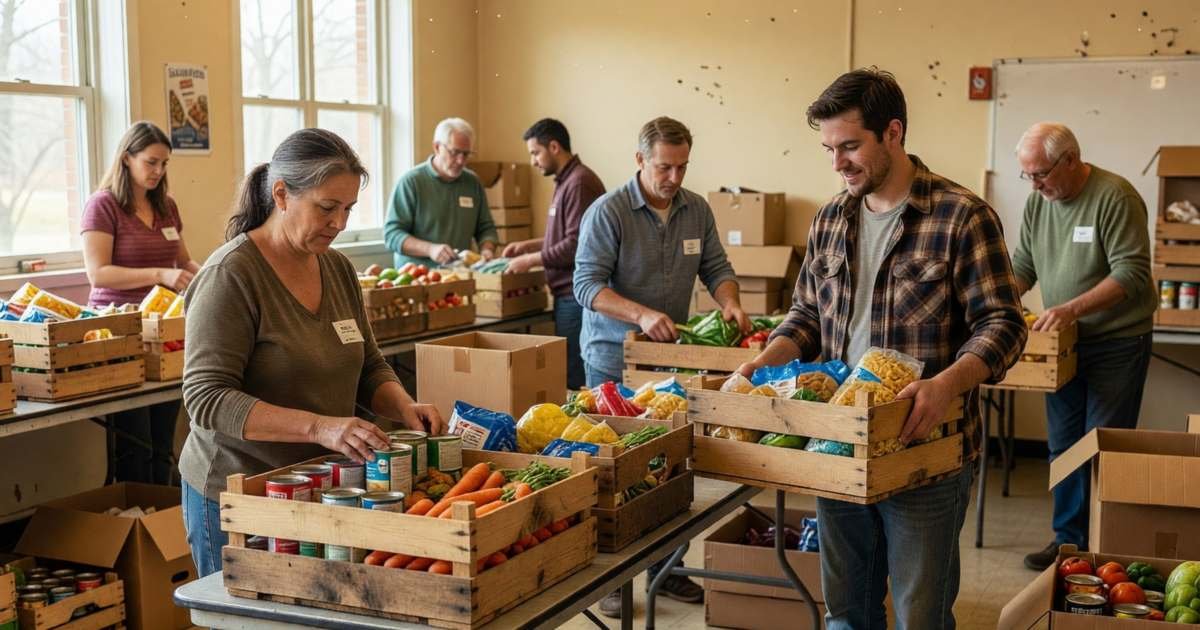 Volunteers packing food hampers at a community food bank, illustrating holiday donations and the charitable tax credit.