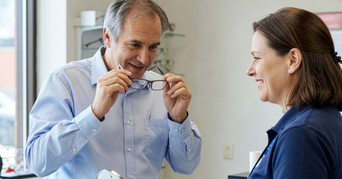 A man in his fifties trying on a pair of eyeglass frames in front of a small mirror at an optical counter, illustrating buying glasses without overpaying in Canada.