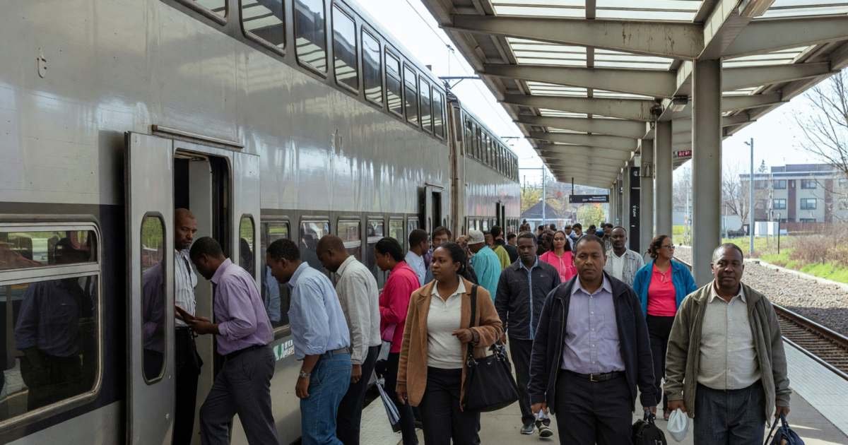 Commuters stepping off a double-decker commuter train onto a platform in the morning, illustrating PRESTO monthly pass versus pay-as-you-go on GO Transit.