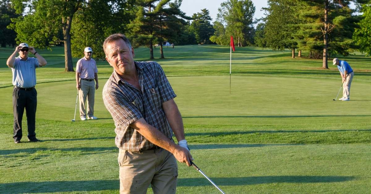 A man teeing off on a public golf course in the morning, illustrating golf membership versus green fees.