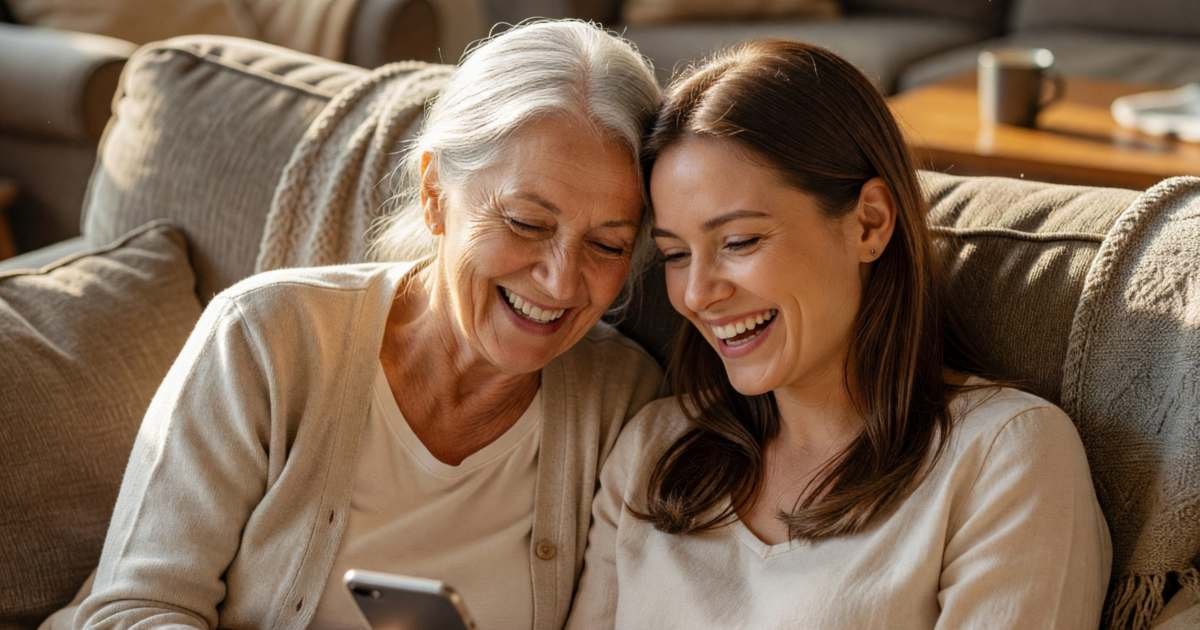 A grandmother and her adult daughter looking at photos on a phone together, laughing, illustrating sharing cloud storage legally in Canada.