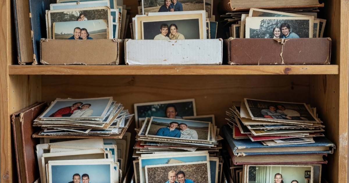 A shelf of old shoeboxes of printed photos and a few photo albums, illustrating Google One versus iCloud+ for photo backup.