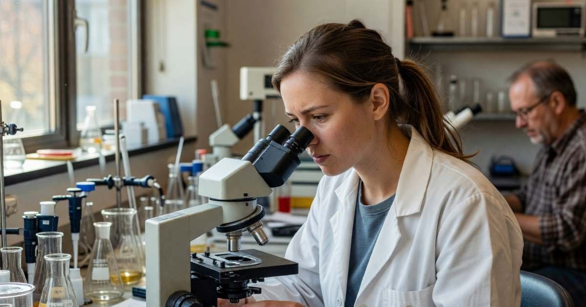 A graduate student working in a research lab with a microscope, illustrating graduate school costs and funding packages.