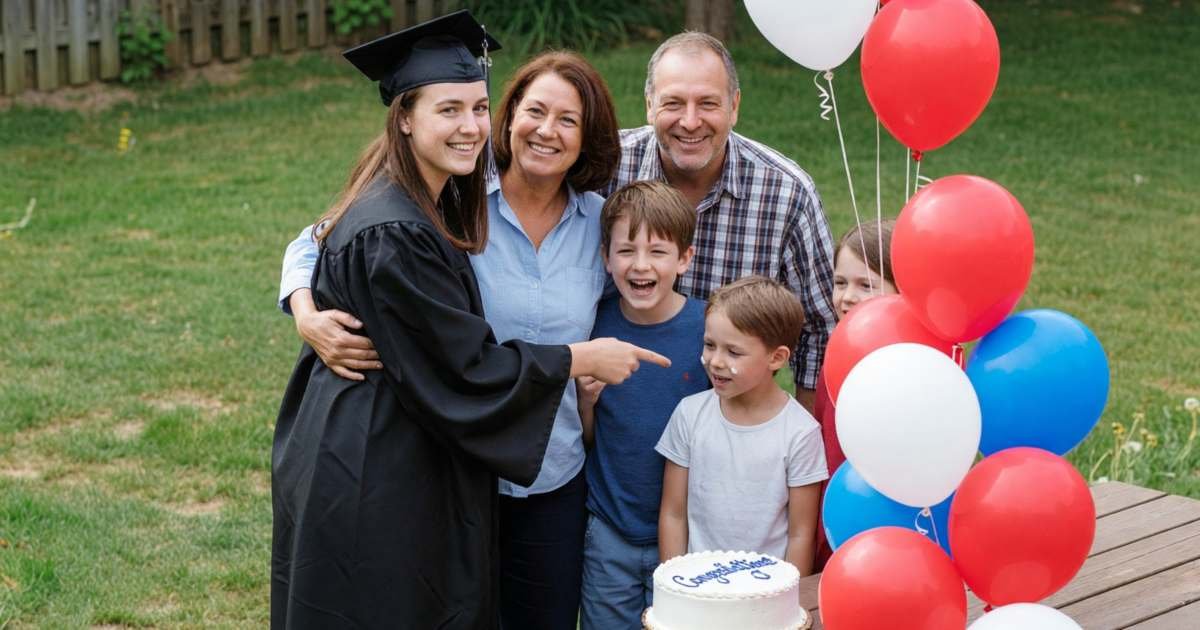 A high school graduate in a cap and gown celebrating with family in a backyard, illustrating graduation party and gift costs in 2027.